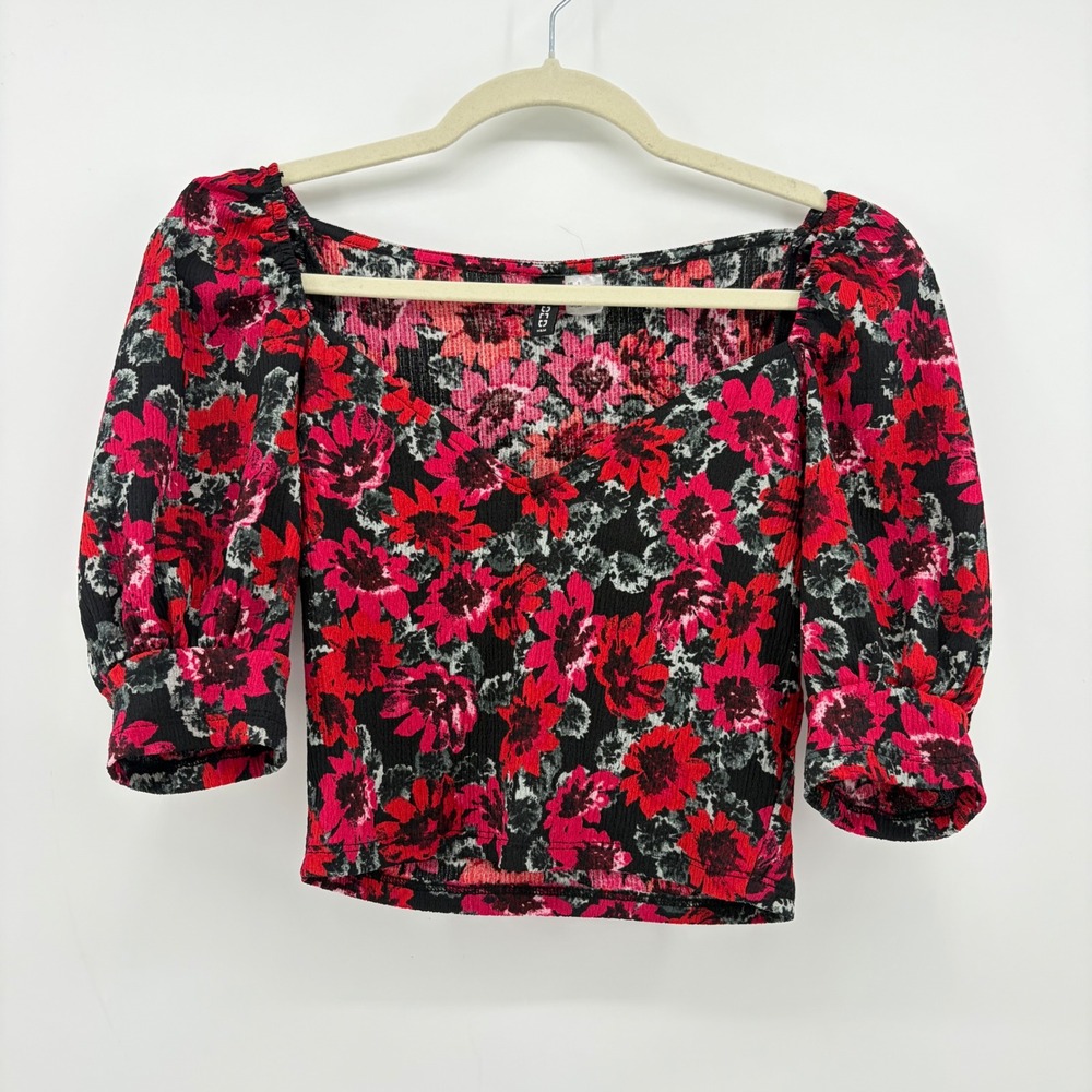 H&M Divided Womens Small Red Floral Sweetheart Neck Puff Sleeve Crop Top